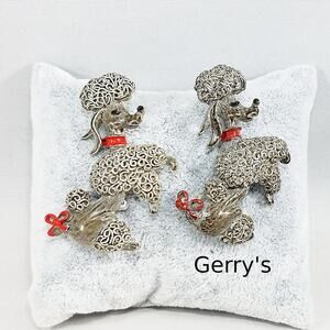 Two Vintage Gerry's Gray Poodle Brooches, Red Enamel Collars & Bows, Dog Lovers